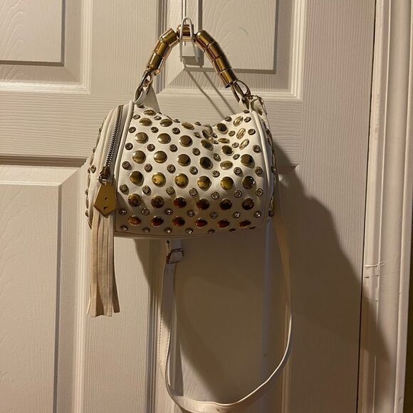 Off white small barrel Satchel/crossbody bag rose gold studs & jewels accents